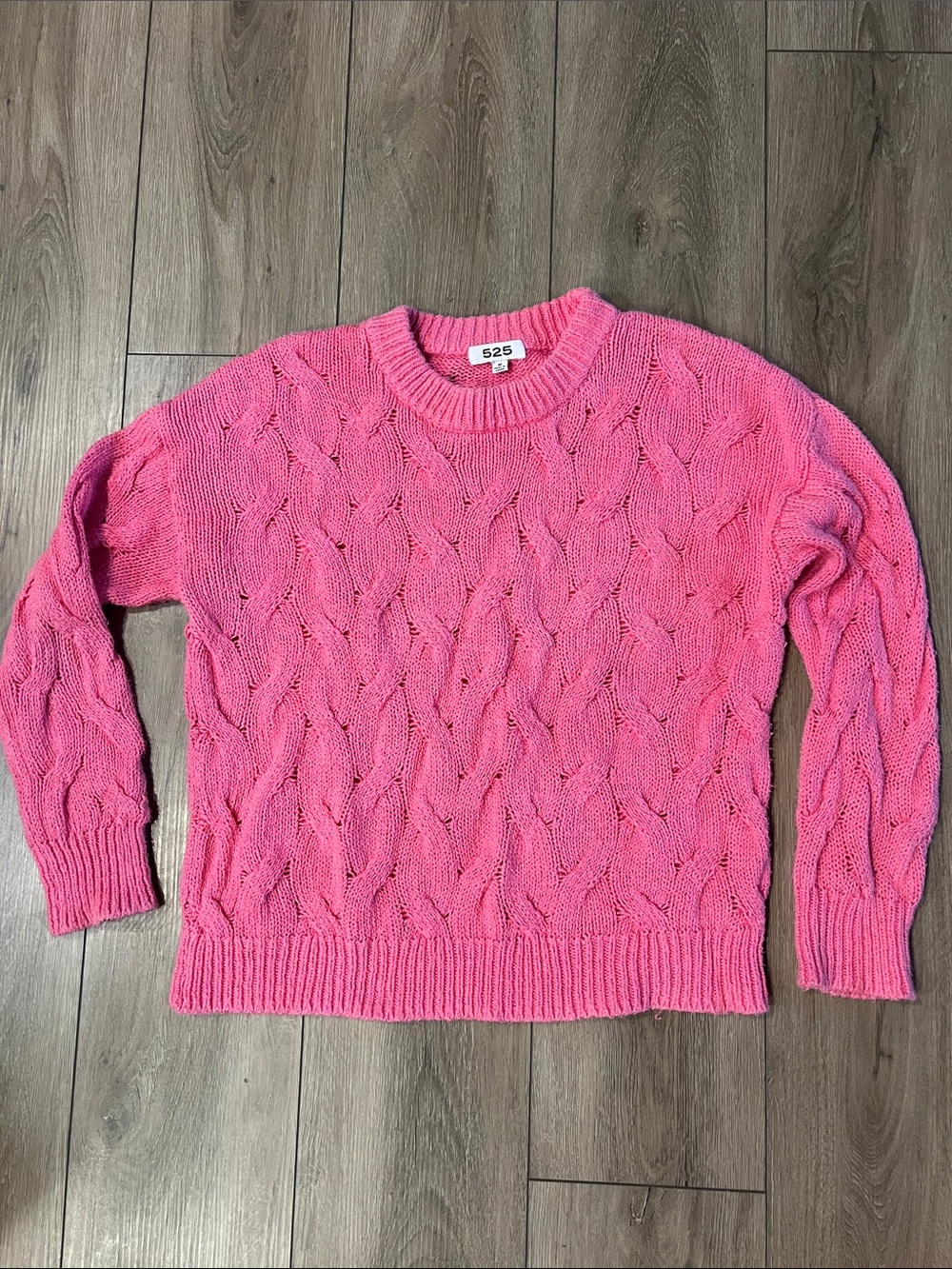 525 America Hot Pink Cable Knit Crewneck Sweater